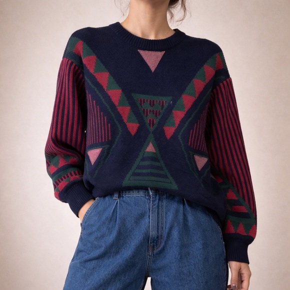 Vintage Sweaters - Vintage Geometric Patterned Crewneck Sweater Navy Blue Red Green Size Small